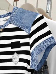 Resyla 女士收腰多色条纹牛仔格子拼接印花图案短袖T恤 - 彩色 - 查看 5