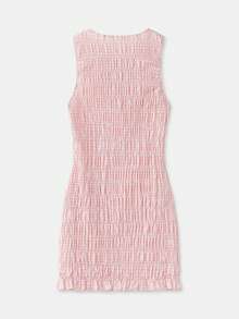 lacRébo Đầm ngắn xếp ly màu hồng nhạt kẻ caro, phong cách Pháp mùa xuân hè, phong cách Paris, đầm đi nghỉ mát, đầm đi chơi. - Màu Hồng baby - Xem 7