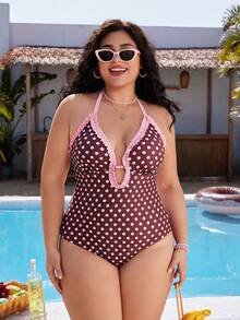 Swim Mod 大码女式波点印花褶皱领连体泳衣，甜美少女风 - 棕色 - 查看 5