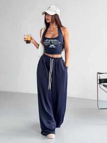 Lyxana Navy Blue Summer Streetwear City Break Women's Knitted Halter Crop Top With Letter Print & Side Stripe Sweatpants Royal Blue Two Piece Set,Casual - Royal Blue - View 6