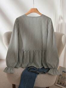 CosyJoli 大码休闲通勤条纹长袖衬衫 新款女式长袖上衣 休闲优雅衬衫 女士条纹衬衫 - 彩色 - 查看 2