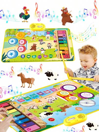 MINKOJA 三合一钢琴垫，一款集钢琴键盘和爵士鼓音效于一体的音乐感官游戏垫，专为乐器教育而设计。它配有两根鼓槌，是复活节、儿童节、派对礼物、儿童玩具、儿童音乐玩具等场合的理想礼物。颜色随机发货。