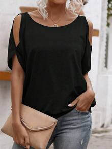 EMERY ROSE Kaos Grafis, Kaos Bahu Terbuka, Atasan Musim Panas Wanita, Ukuran Besar, Gaya Retro, Kenyamanan Sepanjang Musim untuk Pakaian Kasual Wanita & Acara Sosial - Hitam - View 3