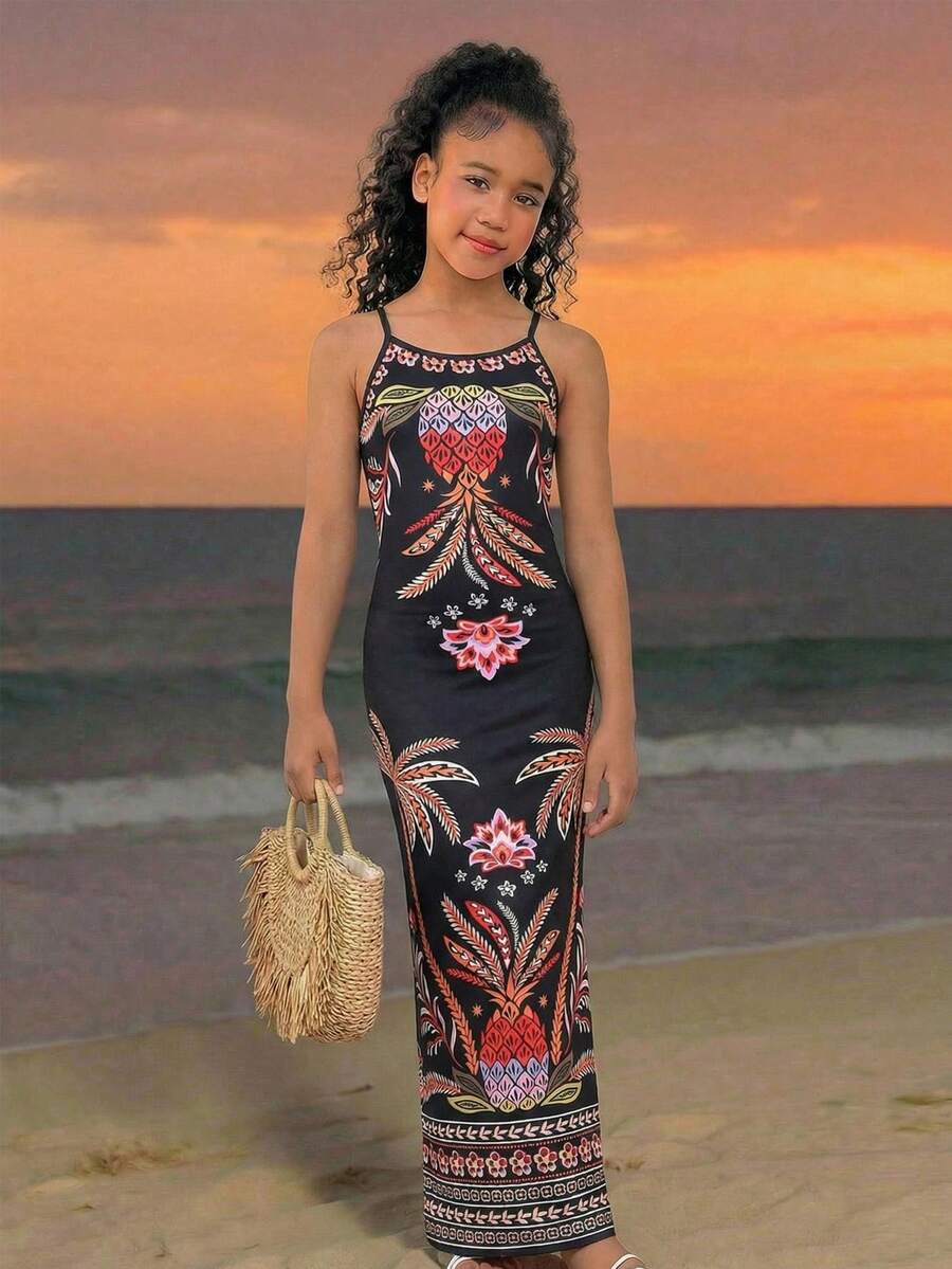 Sparklyn Vestido largo sin mangas de verano para niña, diseño divertido con estampado floral y frutal, corte ajustado con abertura lateral, look elegante, perfecto para vacaciones y sesiones de fotos. - Negro - Ver 1