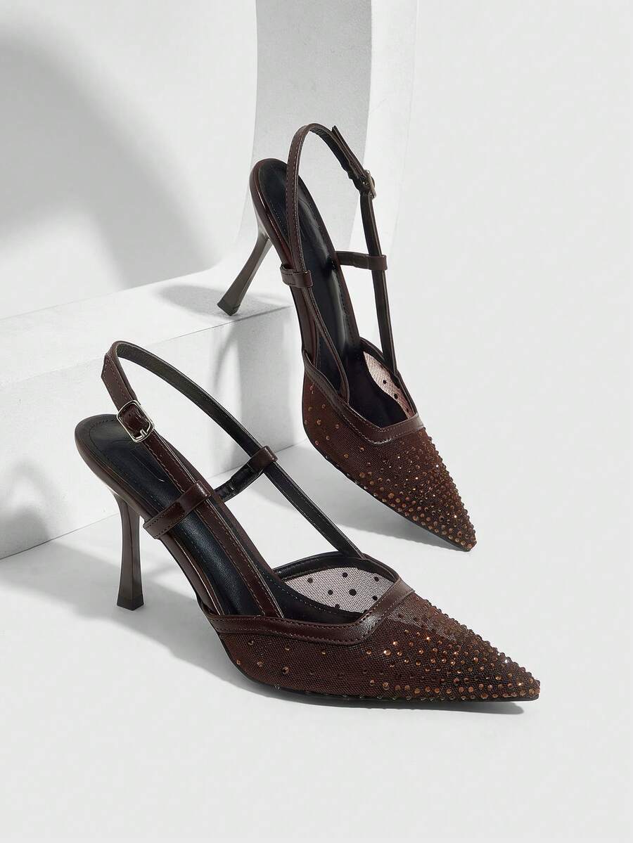 CUCCOO SZL Women's Pointed Toe High Heel Black Mesh Rhinestone Embellished Fashionable Sexy Glamorous Party Occasion Stilettos With Ankle Strap Spring Shoes - dark brown - View 1