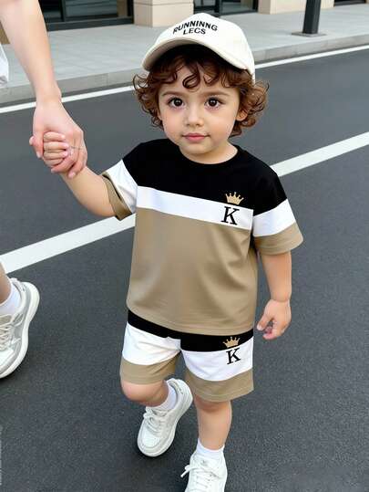 2pcs/Set Toddler Boys' Casual Crown & Letter Print Colorblock Short Sleeve T-Shirt And Shorts, Comfortable Daily Outfit For Spring, Summer & Autumn
