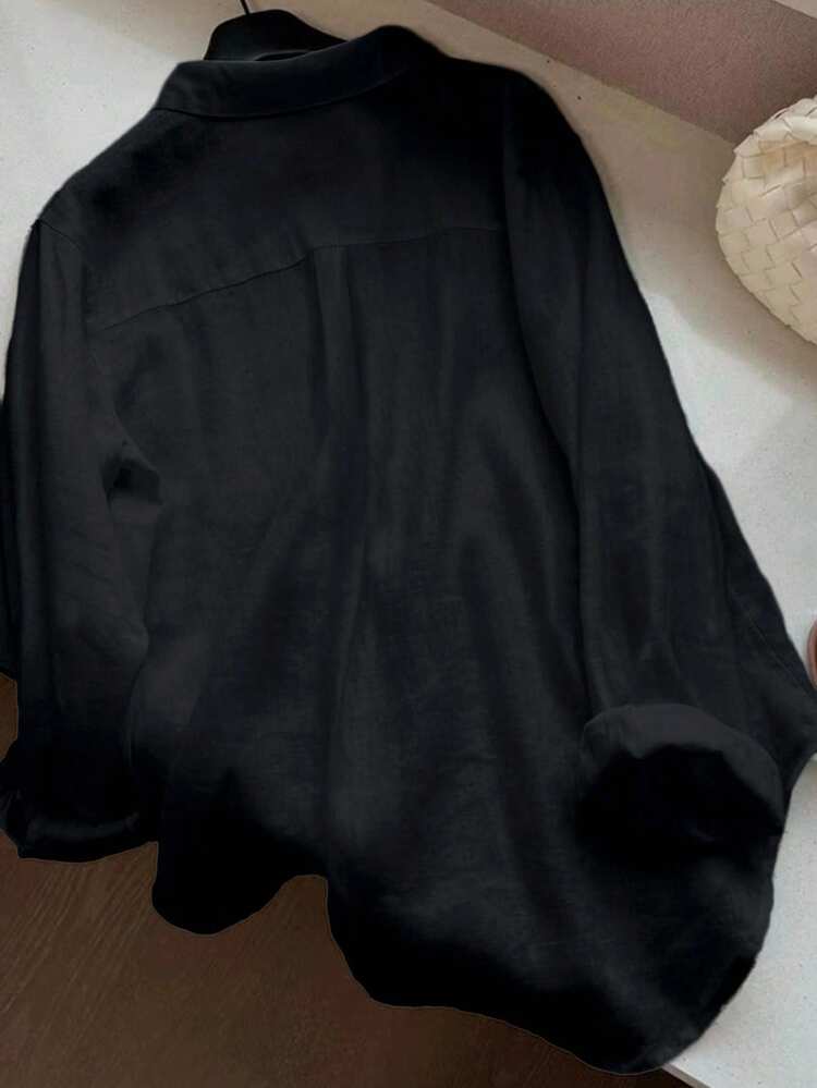 SHEIN Franclia Nieuwe vintage linnen casual broek met lange mouwen en trekkoord, effen kleur, met paardenborduurwerk, rechte pijpen, plus size, dames 2-delige set - Zwart - Bekijken 4