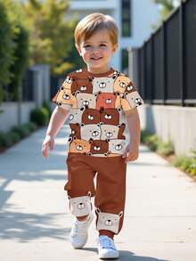 男婴休闲简约圆领短袖上衣和裤子套装，经典酷炫可爱卡通熊图案印花 - 彩色 - 查看 1
