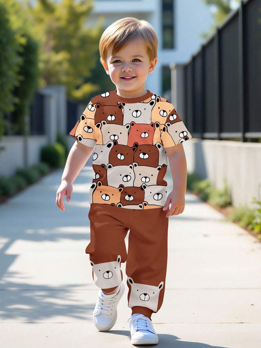 男婴休闲简约圆领短袖上衣和裤子套装，经典酷炫可爱卡通熊图案印花 - 彩色 - 查看 1