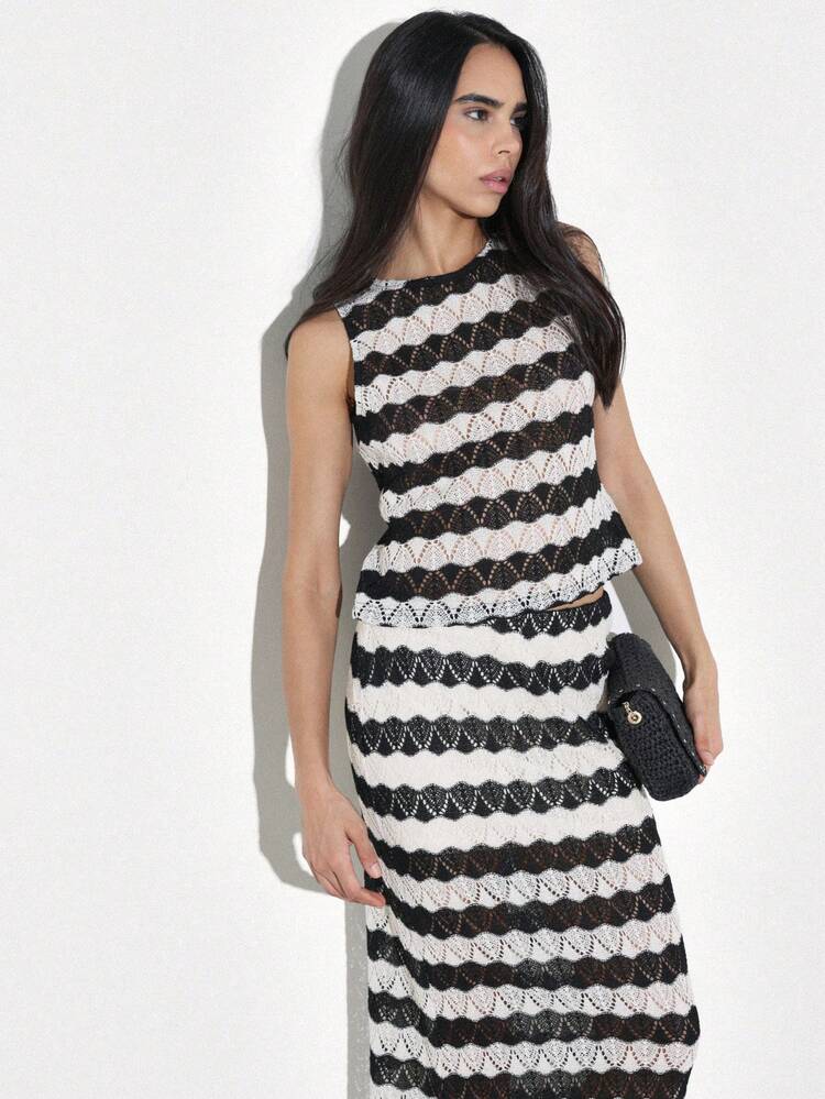 KSTM レディース ノースリーブ ブラック ホワイト ストライプ レース タンクトップ クロシェ柄 夏カジュアル スカラップヘム ノースリーブブラウス レイヤリングアイテム