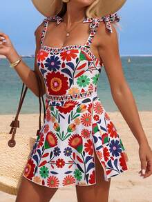 Swim Lushoire 女士优雅印花连体泳衣，适合海滩、泳池、休闲派对、度假、春夏穿着 - 彩色 - 查看 10