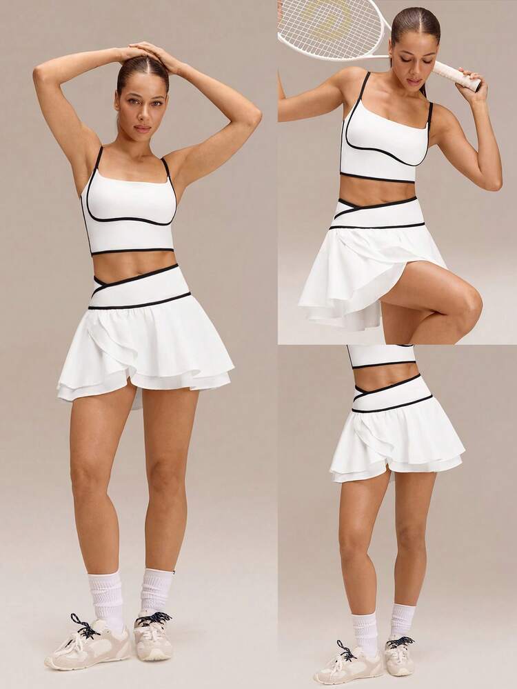 Doppio amore per San Valentino, seta liscia e morbida, asciugatura rapida, UPF 50+, vita incrociata con pantaloncini integrati, tasche laterali, gonna a doppio strato bicolore, basso impatto, tennis, golf, pickleball, uso casual quotidiano