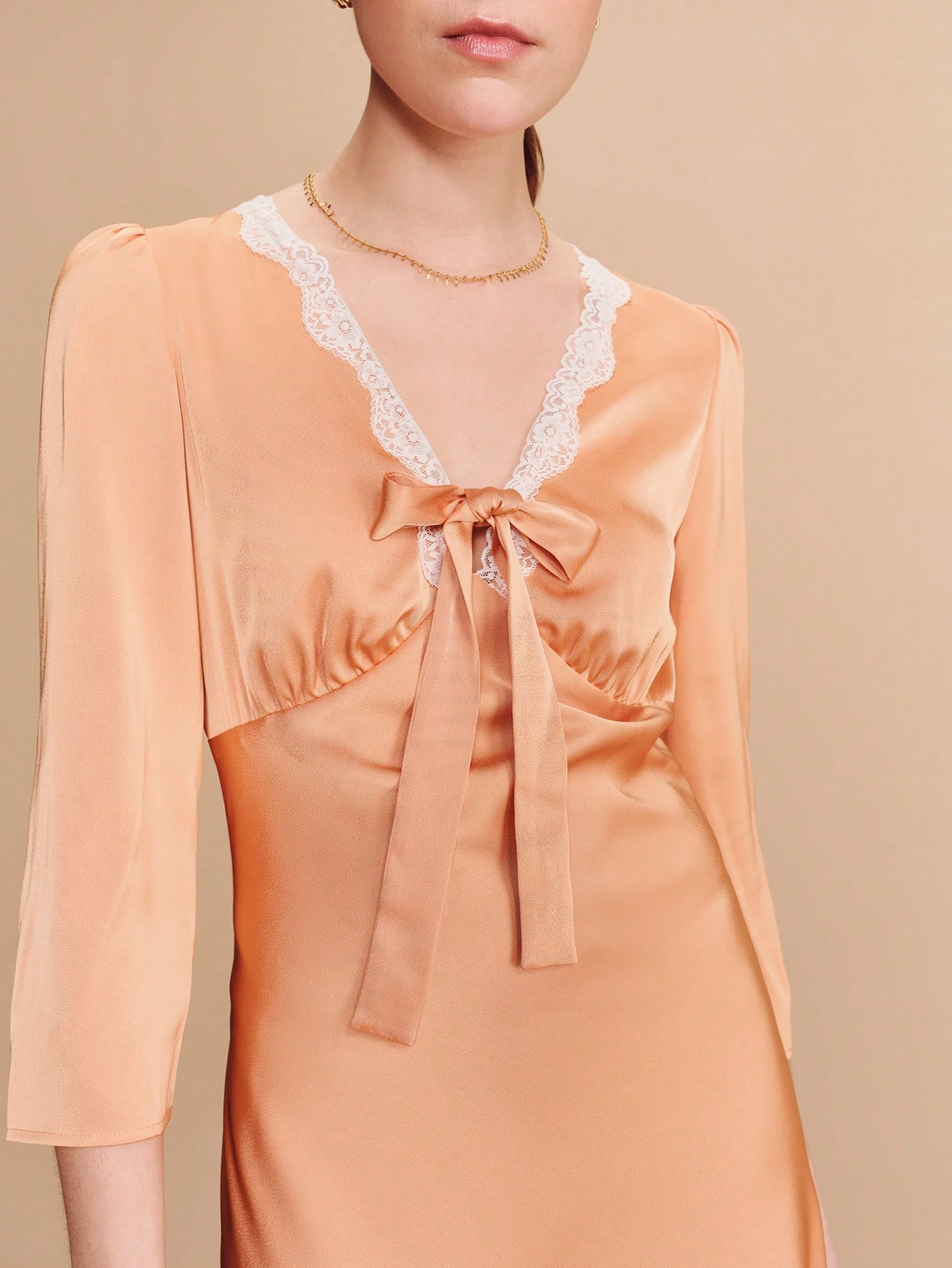 Orange Satin Mini Dress With Lace-Trim V-Neck And Tie-Front Bow Cute Spring Summer Style French Style Parisian Style Front Tie Dress Apricot Dress Peach Dress For Women Light Orange Dress