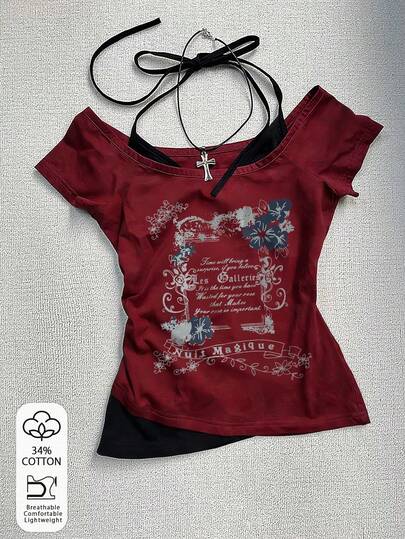 Glimmora Millennium Babe Halter Neck Off-Shoulder Short Sleeve T-Shirt, Women's Burgundy Floral Print Fitted Crop Top