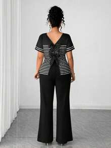 Elenzga Blusa holgada de punto a rayas con lazo y cuello redondo, de manga corta recta, para mujer de talla grande. Conjunto de 2 piezas cómodo y versátil, elegante para el hogar, el trabajo, vacaciones y fiestas casuales, que se combina con pantalones. - Multicolor - Ver 2