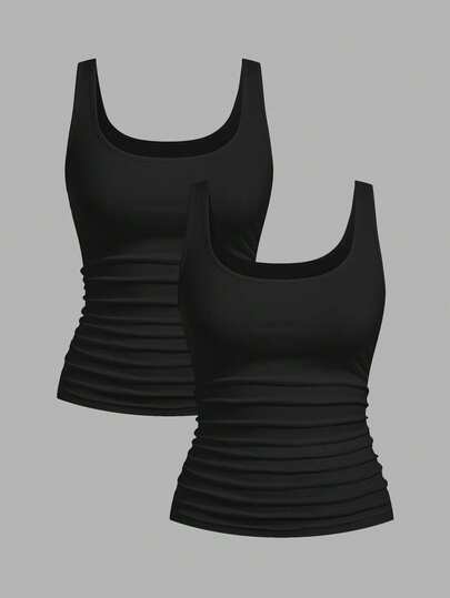Slaydiva Women's Casual Loose Scoop Neck Non-Shrink Fitted Tank Top Set, Versatile Black