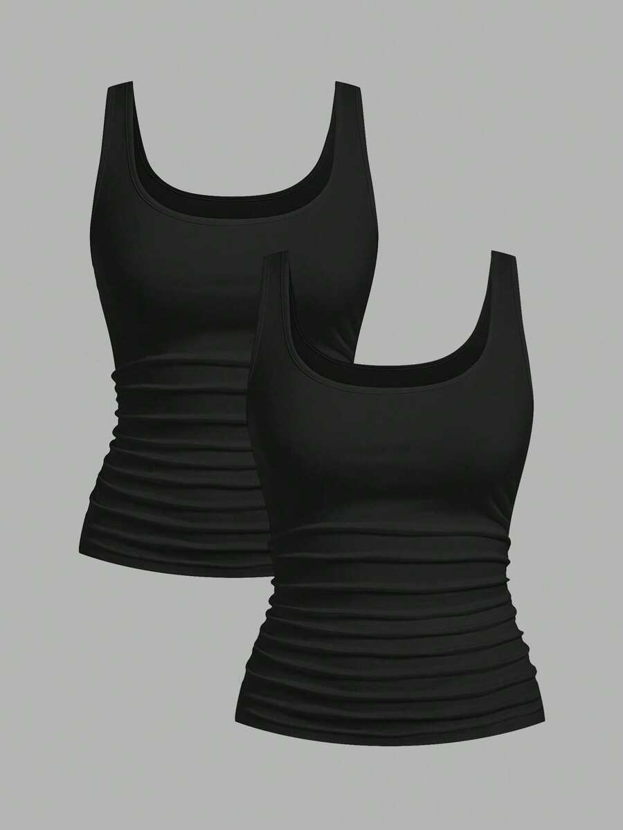 Slaydiva Women's Casual Loose Scoop Neck Non-Shrink Fitted Tank Top Set, Versatile Black,Summer Top - Black - View 1