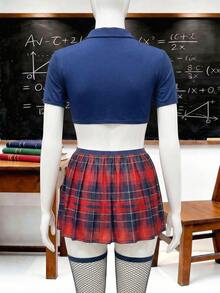 6pcs/Set Women's Costume Chiffon Plaid Print School Style Short Sleeve Pleated Dress With Fishnet Stockings And Tie - Multicolor - View 2