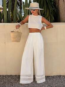 DAZY Women's Floral Embroidery Hollow Out Elastic Waist Casual Pants - White - View 4