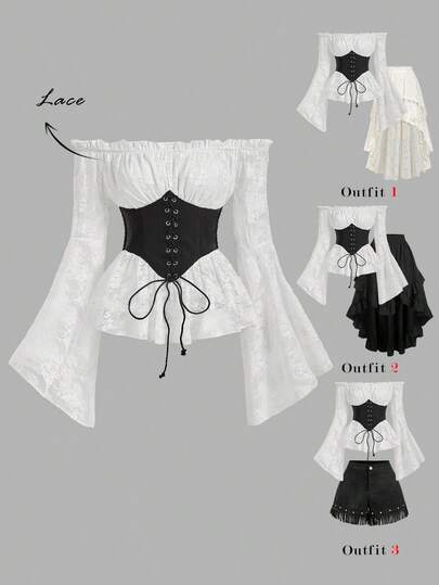 SHEIN MOD 女士优雅露肩荷叶袖撞色系带腰蕾丝上衣，适合春、夏、秋季穿着。