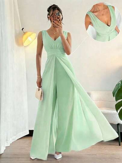Rafferiza Eleganter V-Ausschnitt Plissee Taille Perle Chiffon Weites Bein Jumpsuit, geeignet als Hochzeitsgast Outfit, Lila