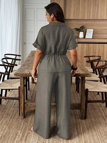 Weeklong Plus Size Women's Solid Color Single-Breasted Knotted Asymmetrical Hem Top And Wide Leg Pants Casual Two Pieces Set - Army Green - View 2