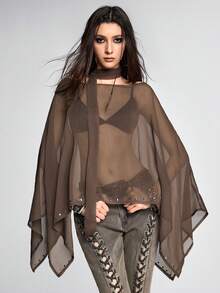 ROMWE Grunge Punk Bohemian Style Scarf Decor Off-Shoulder Asymmetrical Hem Cover-Up - Brown - View 1