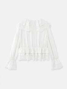 浪漫白色雪纺衬衫，蕾丝荷叶边V领，纽扣前襟，喇叭袖，尽显女性柔美春夏法式巴黎风情。 - 白色 - 查看 8