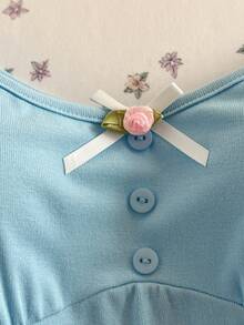 Elamini 2026春夏女式蝴蝶结花瓣袖短袖T恤，修身圆领上衣 - 藍色 - 查看 5