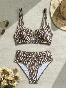 Swim Chiccia 2026春夏棕色粗肩带可调节后背金色U型装饰高腰荷叶边设计女士优雅比基尼泳装两件套 - 彩色 - 查看 2