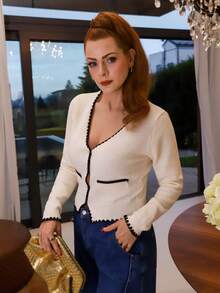 Gretanique 秋季新款V领针织开衫，法式百搭 - 米色 - 查看 4