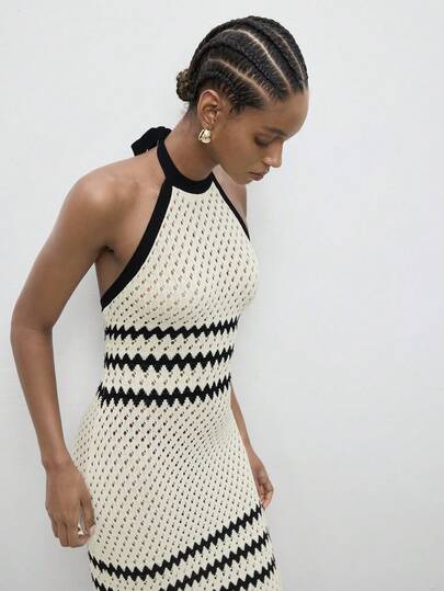 Maija Women's Summer Sexy Beach Vacation Colorblock Serrated Pattern High Slit Backless Tie-Front Knit Dress  St Patrick's Day Women Easter Summer Outfits Easter Dress Women Party Top Beach Dress Summer Holiday Outfits Each Vacation Outfits For Women  Summer Outfit For Women Going Out Outfits Graduation Graduation Outfit  Casual Dresses  Casual Blouses For Women