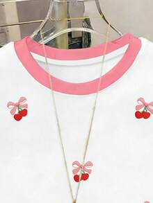 少女圆领樱桃印花休闲短袖T恤，适合夏季日常穿着 - 彩色 - 查看 3