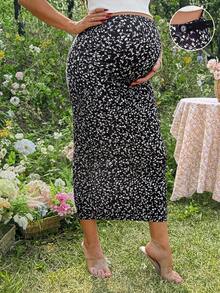 SHEIN Maternity Fitted Floral Print Skirt, Elegant Business Casual Fashionable For Summer - Black - View 4