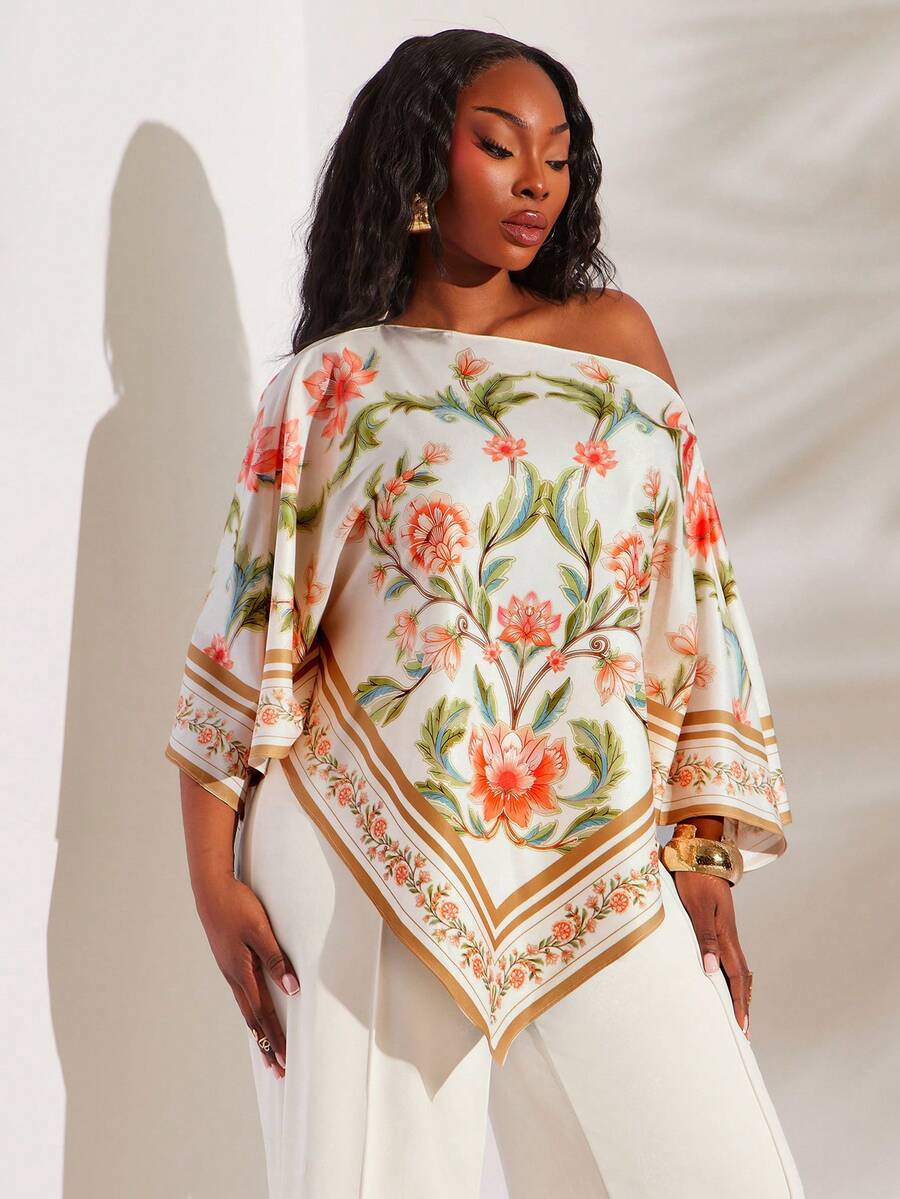 Radiana 大码女式印花不对称下摆休闲百搭日常上衣波西米亚风衬衫大码度假装地中海风情服装大码波西米亚风露肩上衣围巾上衣度假套装女式度假装衬衫女式休闲现代波西米亚风上衣女式露肩罩衫波西米亚时尚女装 - 彩色 - 查看 1