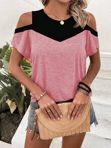 SHEIN LUNE Color Block Open Shoulder T-Shirt Graphic Tees Women Tops - Multicolor - View 6