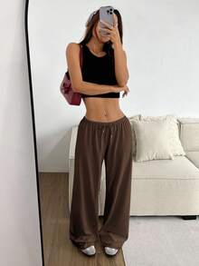SHEIN EZwear 大码休闲棕色抽绳腰阔腿运动裤 - 棕色 - 查看 6