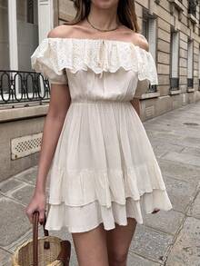 Pariaura French Off Shoulder Lace Dress, Beige Textured Vacation Style Dress - Apricot - View 1