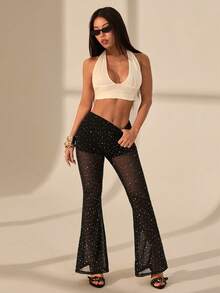 SHEIN PETITE 黑色闪亮透视喇叭裤，适合音乐节 - 黑色 - 查看 8