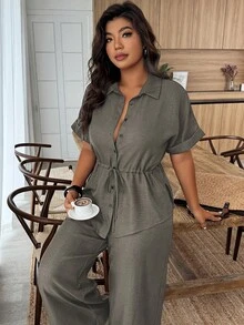 Weeklong Plus Size Women's Solid Color Single-Breasted Knotted Asymmetrical Hem Top And Wide Leg Pants Casual Two Pieces Set - Army Green - View 4