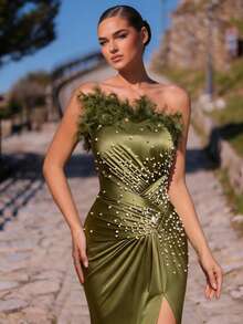 Glamrae Elegant Luxurious Bubble Bead & Rhinestone Embellished Asymmetric-Shoulder Elastic Knit Ruched Slit Fishtail Dress, Suitable For Wedding, Party, Holiday, Banquet - Dusty Pink - View 4