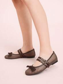 CUCCOO DOLLMOD Zapatos planos de mujer con puntera redonda, malla, lazo y ojetes metálicos, de dos correas, casuales, para ir y venir, básicos, para vacaciones - Marrón - Ver 3