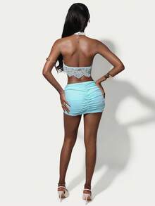 Amplova Women's Lace Halter Backless 2-Piece Set,Baby Blue Elegant Mini Skirt And Top,Cup Details Summer Bikini Set With Cover Up,Perfect For Party - Baby Blue - View 2