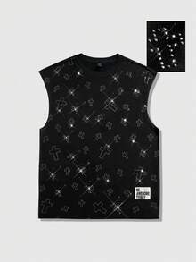 ROMWE MEN Unisex Casual Fashionable Rhinestone Embellished Sleeveless Tank Top, Sports & Leisure Crew Neck Tank Top - Black - View 5