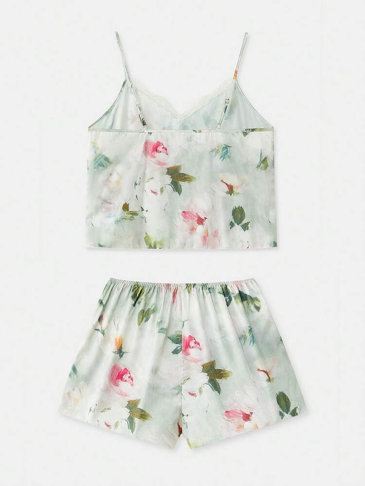 Floral Print Pastel Colour Satin Cami Top And Short Pyjama Set Spring Summer Cute Vintage Satin 2 Piece Sleepwear Set