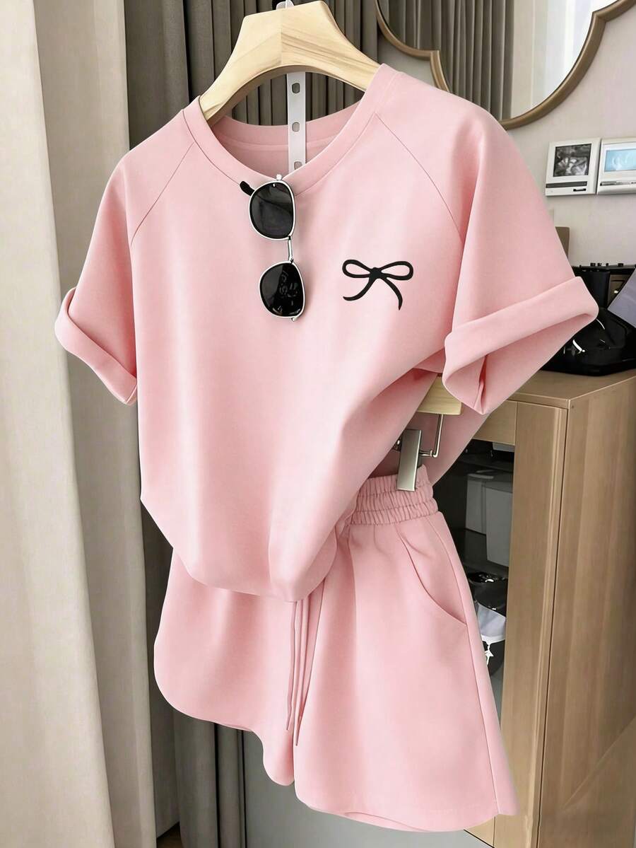 1 Set Tween Girls' Casual Fashionable Comfortable Minimalist Bow Decor Short Sleeve Top And Shorts Set, Suitable For Spring/Summer Outings - Pink - View 1