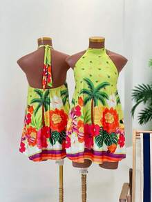 Lunelith SHEIN Lunessa Tropical Print Backless Halter Shirt, Vacation & Casual - Green - View 4