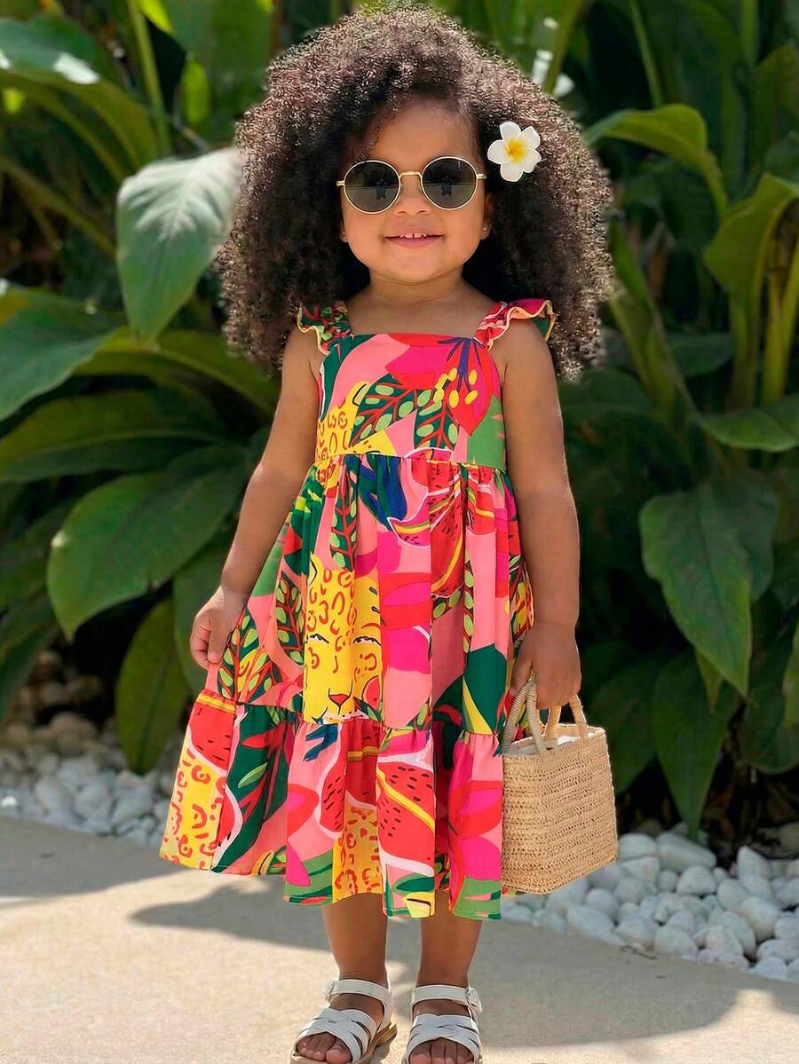 SHEIN Baby Girl Woven Floral Ruffle Trim Square Neck Casual Dress - Multicolor - View 1