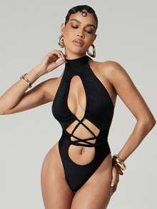 Hauture Bộ bikini liền thân không tay, gợi cảm dành cho nữ, cổ yếm, khoét hở và buộc dây phía trước. - màu đen - Xem 1