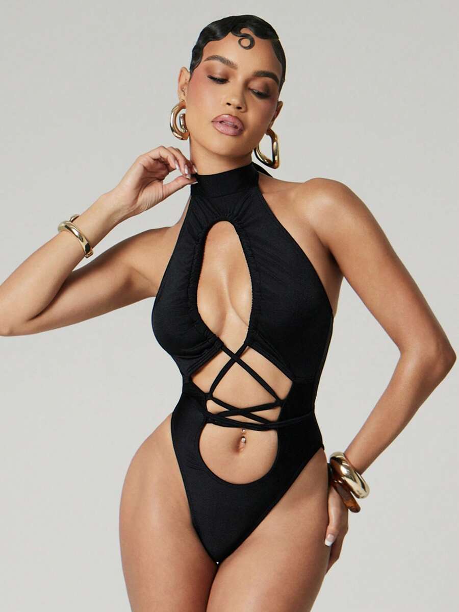 Hauture Bộ bikini liền thân không tay, gợi cảm dành cho nữ, cổ yếm, khoét hở và buộc dây phía trước. - màu đen - Xem 1